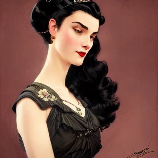 Image similar to a portrait of a woman with black hair, dressed in 1940's fashion, D&D, fantasy, intricate, elegant, highly detailed, digital painting, artstation, concept art, matte, sharp focus, illustration, art by Artgerm and Greg Rutkowski and Alphonse Mucha