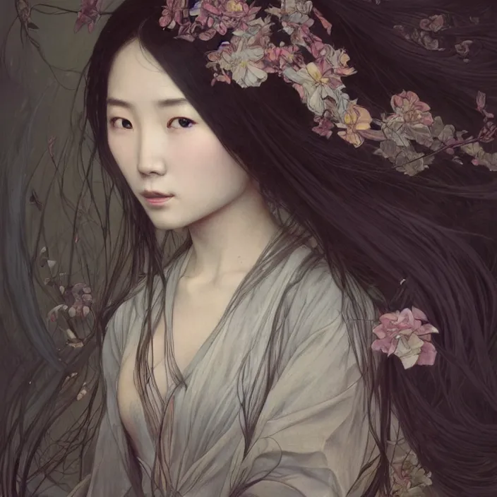 Image similar to A portrait of A Chinese woman with long hair by Ross Tran!!! and alphonse mucha and greg rutkowski! and gustav doré! and Zdzisław Beksiński!,In style of digital art illustration.Symmetry.Highly detailed face.Fantasy,smooth,hyper detailed,sharp focus,Soft light.trending on artstation.4k