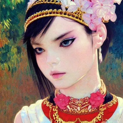 Image similar to beautiful photography, fashionable ceremonial dancer, focus close on dreaming eyes, soft skin, seventies giallo film by ilya kuvshinov monet range murata artgerm katsuhiro otomo norman rockwell, highly detailed intricately sharp focus, bedroom eyes trending on pinterest vogue italia 3 5 mm, 4 k uhd image