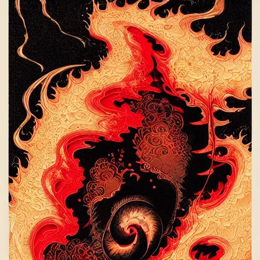 Prompt: fire turns into Nike sneakers, fire splash, black and white tones, tarot card by hokusai and james gurney, peter mohrbacher, ukiyo-e, mike mignola, bright red tones, black paper with detailed line work, mandelbulb fractal, trending on artstation, exquisite detail perfect symmetrical, gold details, hyper detailed, intricate ink illustration, golden ratio
