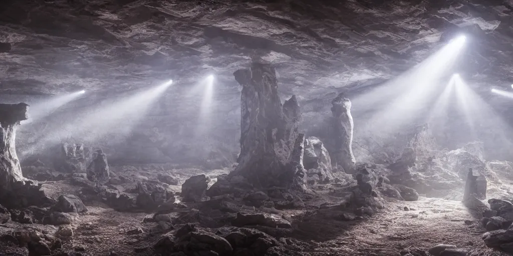 Prompt: gods basement filled with strange alien structures, divine, bright light, 8 k photography, cinematic light, award winning