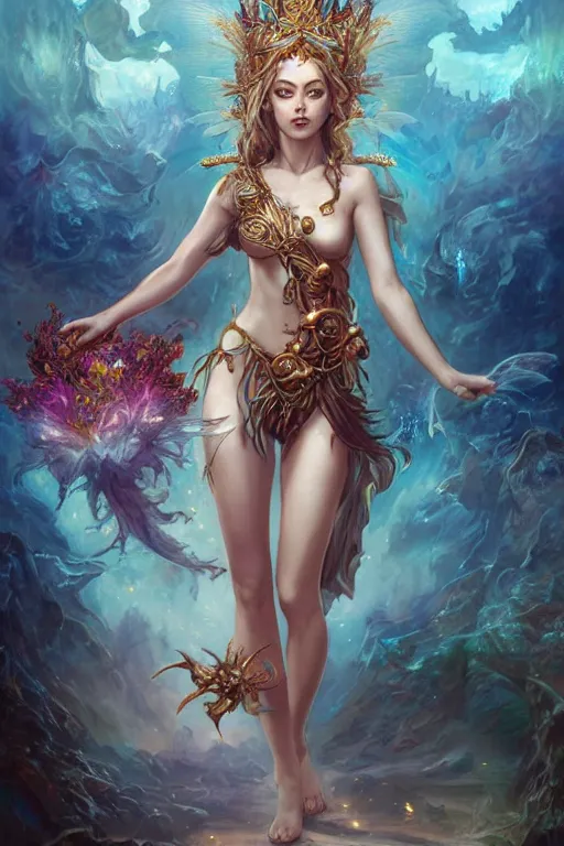 Image similar to beautiful girl sorcerer covered with fire and golden dragon skin, cute fairy girl with crown of flowers in plants bikini covered with celtic rune tattoos, casting magic spell, angel, fantasy, magic the gathering, hyper detailed, 3 d render, hyper realistic detailed portrait, peter mohrbacher, wlop, ruan jia, luis royo