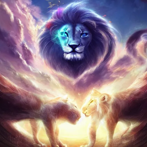 Image similar to the ancient world, hyper complexity, highly detailed, cinematic lighting, pastel colored sunrise, flying robotic cat with gold metal huge wings on its back in the cloudy sky, sharp outlines, complete whole lion body, another sleeping cat face in the clouds watching each other, hyperrealistic, trending on pixiv fanbox, love death robot,