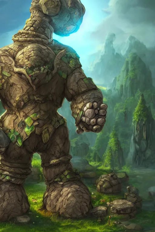 Image similar to zelda fantasy art giant golem troll wood rock greeble gemstone, global illumination ray tracing hdr fanart arstation by sung choi and eric pfeiffer and gabriel garza and casper konefal