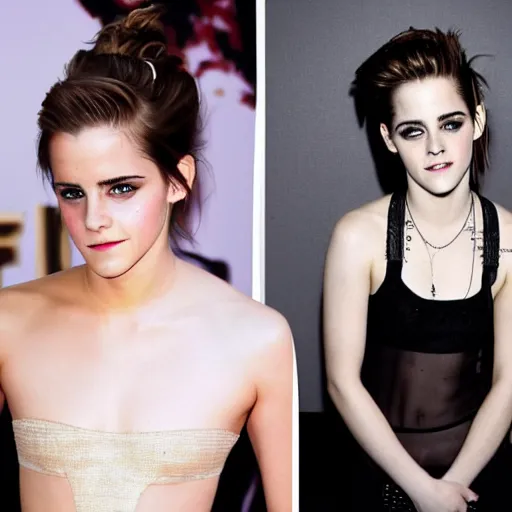 Image similar to Emma Watson and Kristen Stewart posing as each other