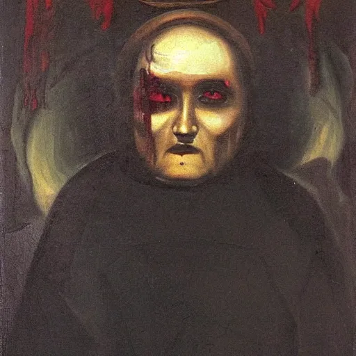 Image similar to portrait of alexander abdulov, with a red eyes, satanic body, head of old man, in blood of sinners, hellish style