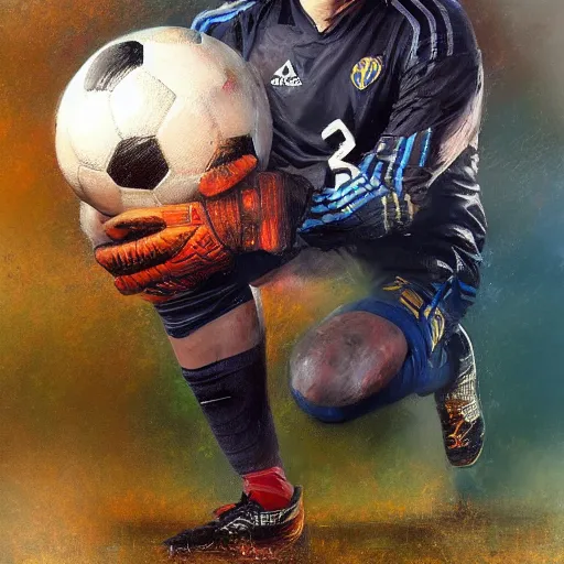Prompt: A realistic hyperdetailed multi-colored digital oil full body portrait painting of a goal keeper on his knees holding a soccer ball up to the sky in the style of Guy Denning, Ruan Jia, and Craig Mullins. Trending on ArtStation and DeviantArt. CGSociety Digital art.
