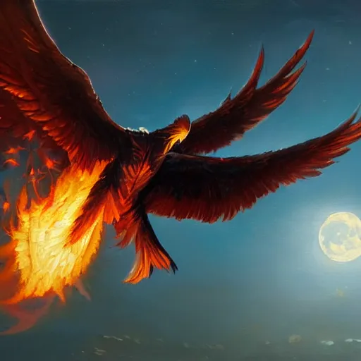 Image similar to phoenix flying in front of the moon, glowing light, fire, oil painting by greg rutkowski, 8 k