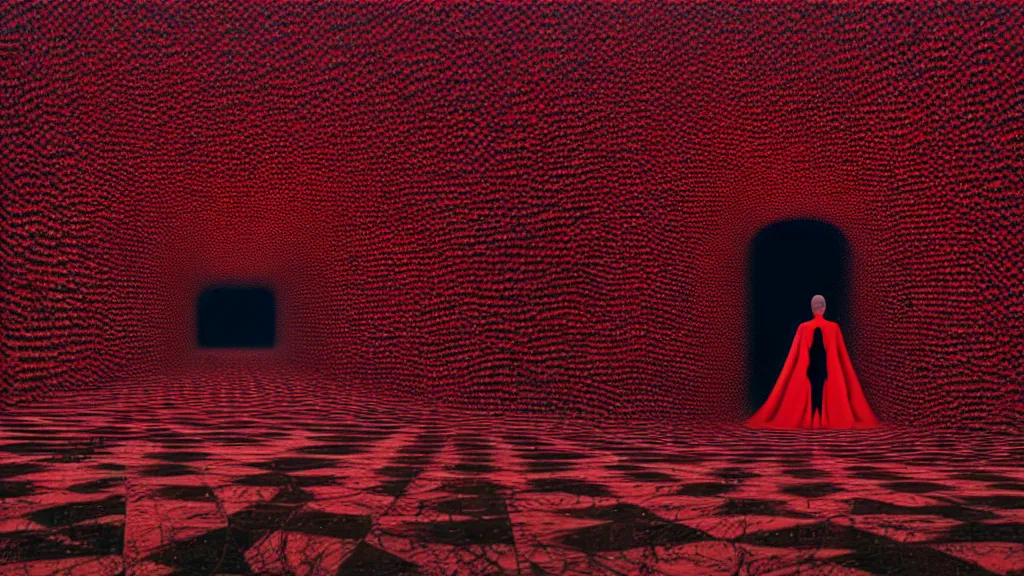 Image similar to a warped tunnel of irregular red and black checkerboard pattern drowns a woman in a white gown, 4k film still from the movie directed by Denis Villeneuve with art direction by Zdzisław Beksiński, wide lens