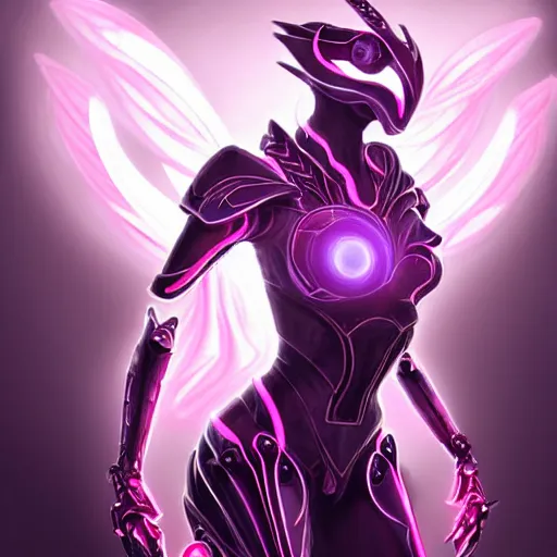 Image similar to highly detailed exquisite fanart, of a beautiful female warframe, but as an anthropomorphic robot female dragon, glowing eyes and robot dragon head, off-white plated armor, bright Fuchsia skin, royal elegant pose, bust shot torso up, epic cinematic shot, realistic, professional digital art, high end digital art, sci fi, DeviantArt, artstation, Furaffinity, 8k HD render, epic lighting, depth of field