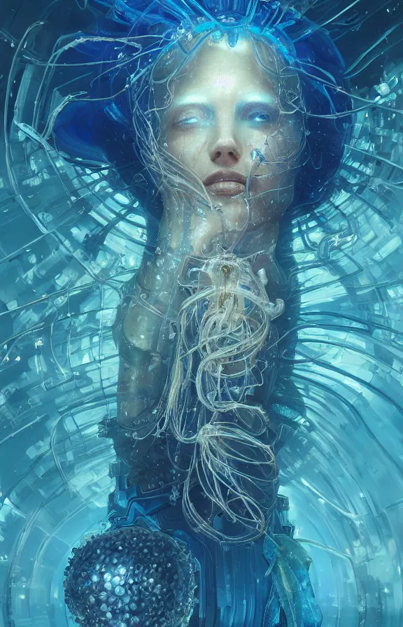 Image similar to Panorama hyper detailed painting of a cyberpunk jellyfish, blue tones, underwater, 8 mm, highly detailed, digital painting, artstation, concept art, smooth, sharp focus, illustration, art by artgerm and greg rutkowski and alphonse mucha