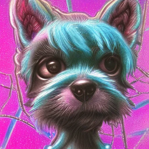 Image similar to Highly detailed pastel painting of a chibi puppy, detailed cyberpunk glitchcore synthwave art, trending on ArtStation