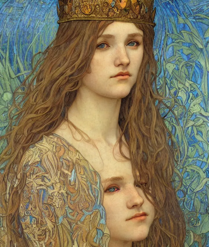 Image similar to detailed realistic beautiful young medieval queen face portrait by jean delville, alphonse mucha, vincent van gogh, and marco mazzoni, art nouveau, symbolist, visionary, gothic, pre - raphaelite