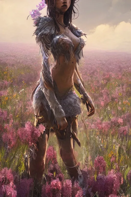 Image similar to A high fantasy wolf girl standing in the middle of the field of flowers by Eddie Mendoza face close up official media beautiful detailed high quality