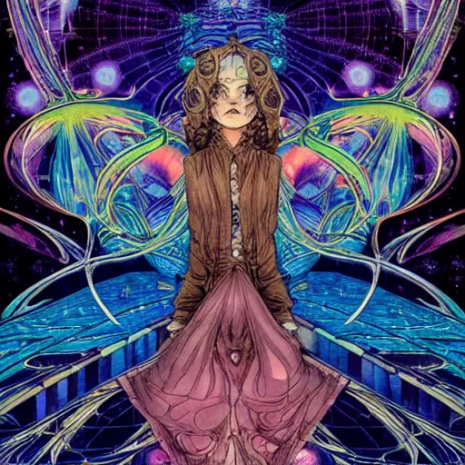 Image similar to the empress by travis charest and laurie greasley, yoshitaka amano, hiroshi yoshida, cosmic energy by Kelly McKernan, detailed, kaleidoscope, psychedelic, cosmic energy by Kelly McKernan, yoshitaka amano, hiroshi yoshida, moebius, artgerm, cool tone pastel rainbow colors, inspired by dnd, iridescent aesthetic, centered symmetrical and detailed