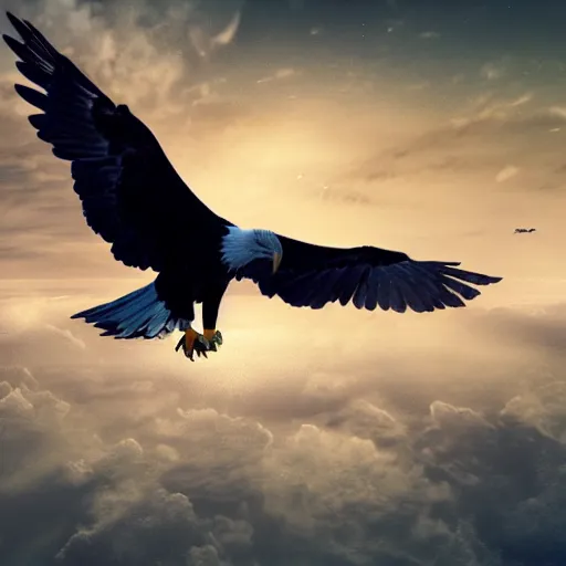 Image similar to A hyper realistic photo of a baby girl flying on an eagle, realistic, dark, cinematic, 8k render, full HD