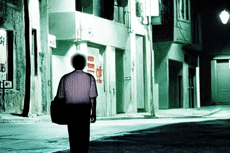 Prompt: old israeli street, todd solondz walking alone, smoking, clear face of todd solondz, black cat, vaporwave colors, state of melancholy, romantic, dimmed lights, realistic