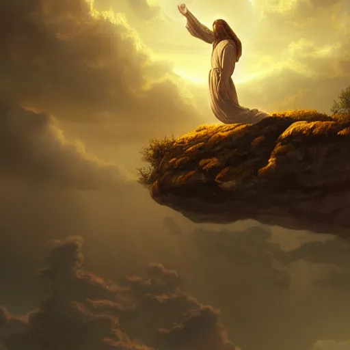 Image similar to Jesus ascending into heaven, beautiful landscape, dramatic lighting, cinematic, establishing shot, extremly high detail, cinematic lighting, post processed, concept art, artstation, matte painting, style by Michelangelo