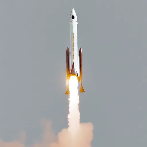 Image similar to polished bronze sculpture of a rocket launching into space, modern, minimalistic, archive museum catalog photograph, white background, high resolution sharp, high contrast, pensive