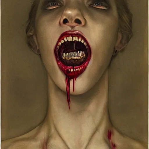 Image similar to a hyperrealistic portrait painting of a beautiful female vampire, blood dripping from her mouth, standing in the moonlight, by santiago caruso, highly detailed,