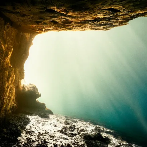 Image similar to A photo of a underwater cliff. Underwater photo, dream like, haunting, atmospheric, cinematic lighting.