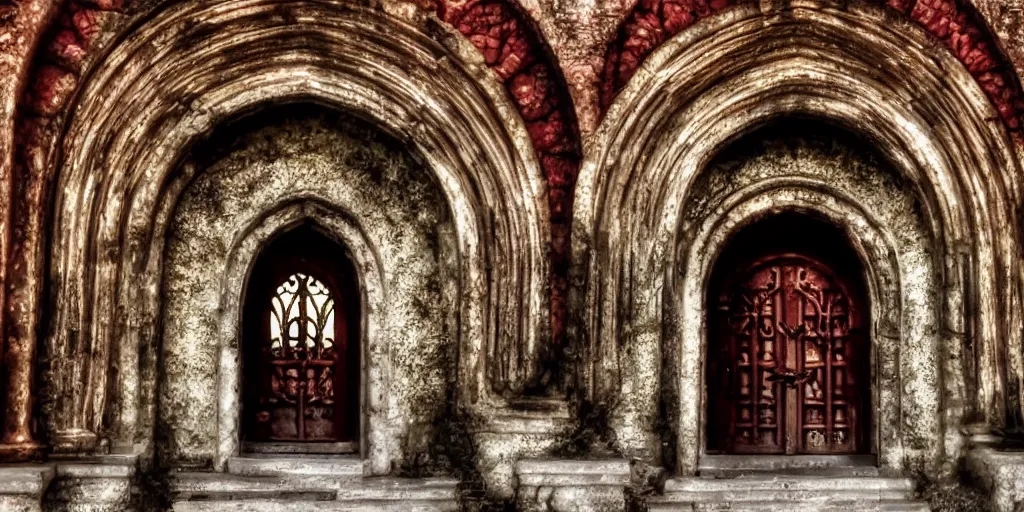 Image similar to magical entrance to monastery, metal, ornaments, castle, church, horror