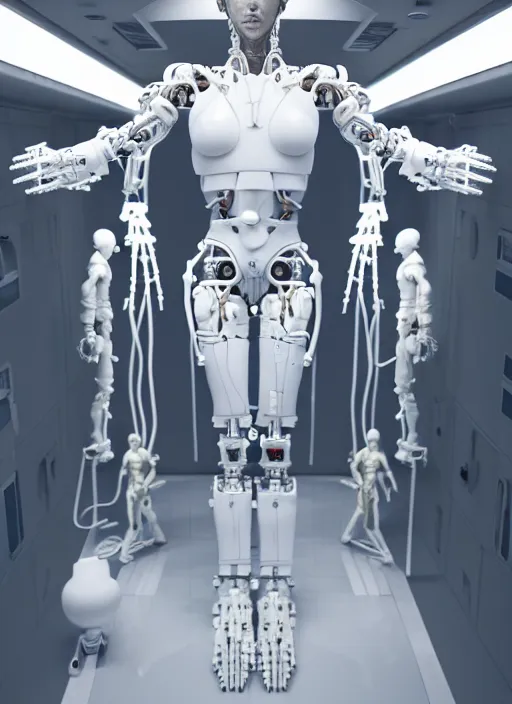 Image similar to space station interior, a statue jesus on cross made of white marble, perfect symmetrical body, full body shot, inflateble shapes, wires, tubes, veins, white biomechanical, wearing epic bionic cyborg implants, masterpiece, intricate, biopunk, vogue, highly detailed, artstation, concept art, cyberpunk, octane render