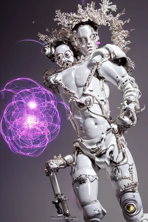 Image similar to full-body rococo and cyberpunk style porcelain and chrome statue of a young attractive Marcelo Mastro android novinho gostoso e dotado falling from the sky, glowing white laser eyes, prince crown of pink gears, diamonds, swirling silver-colored silk fabric. futuristic elements. full-length view. space robots. human skulls. intricate artwork by caravaggio. Trending on artstation, octane render, cinematic lighting from the right, hyper realism, octane render, 8k, depth of field, 3D