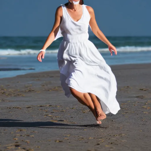 Image similar to dark haired woman in a white dress running on the beach