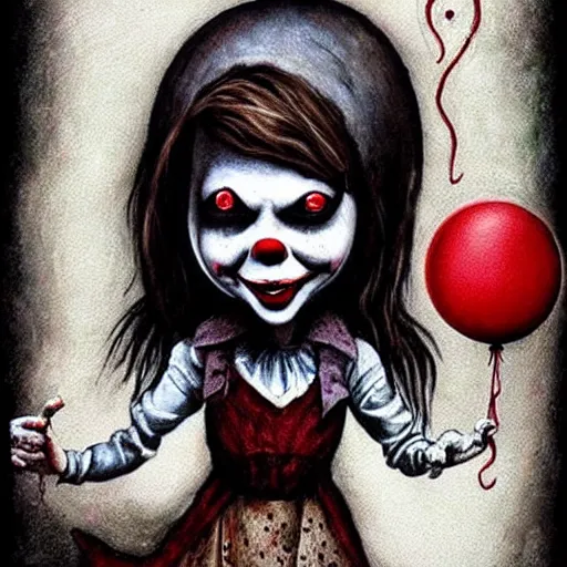 Image similar to grunge painting of the conjuring with a wide smile and a red balloon by chris leib, loony toons style, pennywise style, corpse bride style, horror theme, detailed, elegant, intricate