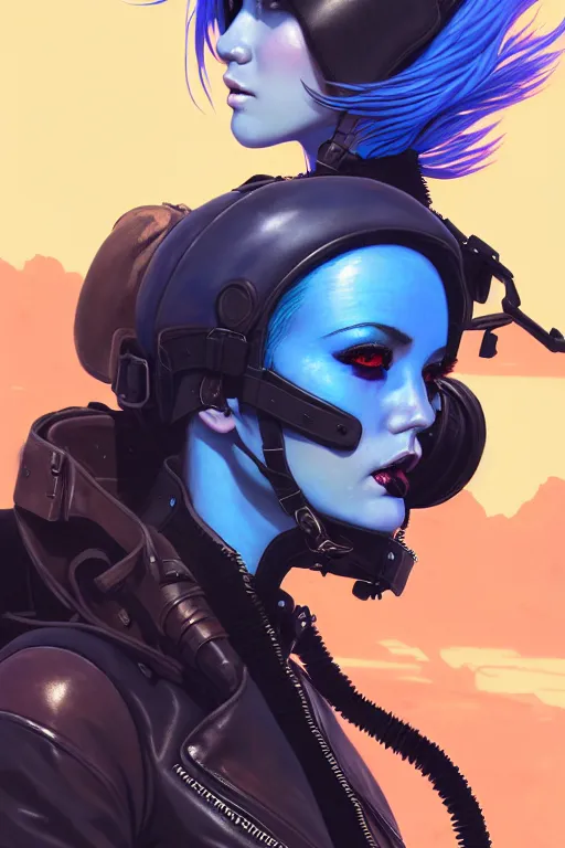 Prompt: a ultradetailed beautiful panting of post apocalyptic woman biker with helmet. blue hair. opened leather jacket, pretty face, high detailed face, in front of burning desert, anatomically correct, close up, by ilya kuvshinov, greg rutkowski and makoto shinkai, trending on artstation