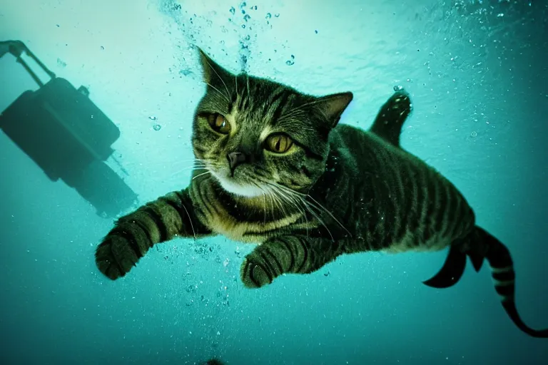 Prompt: a scuba diver cat swimming underwater, photo-realistic low lighting, creepy, vast, shot by a camera,
