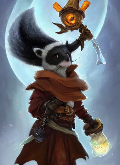 Image similar to cute little anthropomorphic skunk wizard wearing firequartz (cloak), tiny, small, miniature animal, baby animal, short, pale black armor, cute and adorable, pretty, beautiful, DnD character art portrait, matte fantasy painting, DeviantArt Artstation, by Jason Felix by Steve Argyle by Tyler Jacobson by Peter Mohrbacher, cinematic lighting