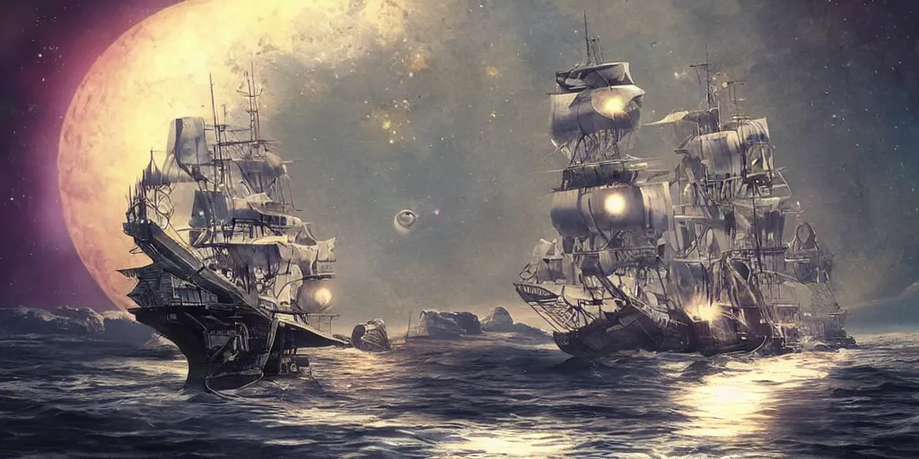 fantasy pirate ship on ocean, a spaceship in space, illustration