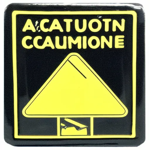 Image similar to a square enamel pin of a caution hazard label, smooth curves