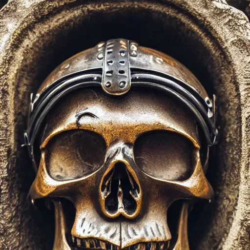 Image similar to old bronze skull wearing a samurai helmet, professional photo shot, depth of field, intricate details