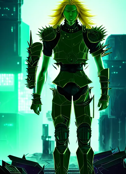 Image similar to a striking cinematic full body manga portrait of a male warrior with long blonde hair and blue eyes wearing evil green spiked cyberpunk armour and standing in the desolate burning ruins of a futuristic city by hirohiko araki and beeple, fine details, digital art, character concept art, volumetric lighting, cinematic light, photorealistic