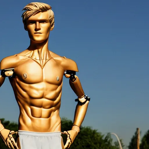 Image similar to a realistic detailed photo of a guy who is an attractive humanoid who is half robot and half humanoid, who is a male android, soccer player martin ødegaard, shiny skin, posing like a statue, blank stare, by the pool, on display, showing off his muscles, humanoid robot, frozen ice statue