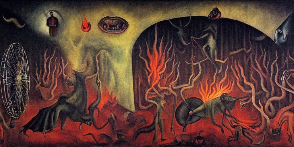 Prompt: trapped on a hedonic treadmill, dark uncanny surreal painting by leonora carrington, dramatic lighting from fire glow, mouth of hell, ixions wheel