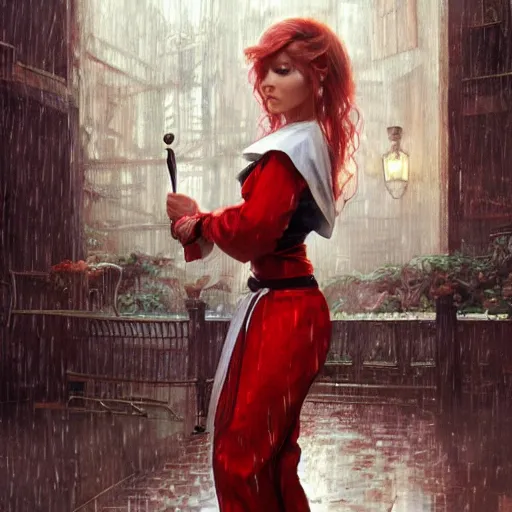 Prompt: elf woman standing in rain, short blonde hair, red and white chef's apron, sharp focus, intricate, smooth, ultra realistic digital art, elegant, by artgerm, greg rutkowski, raymond swanland, alphonse mucha