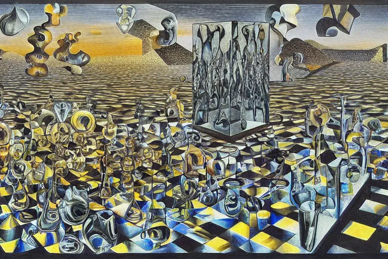 Prompt: an infinite chessboard covered with abstract glass pieces in a surreal landscape, refraction and reflection, surrealism, by Salvador Dali, by M.C Escher, highly intricate, precise brush strokes, complex, highly detailed, masterpiece