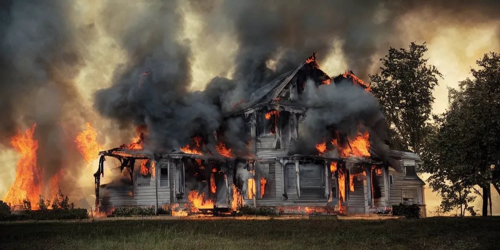 Image similar to queen anne style house on fire, cinematic, atmospheric, realistic