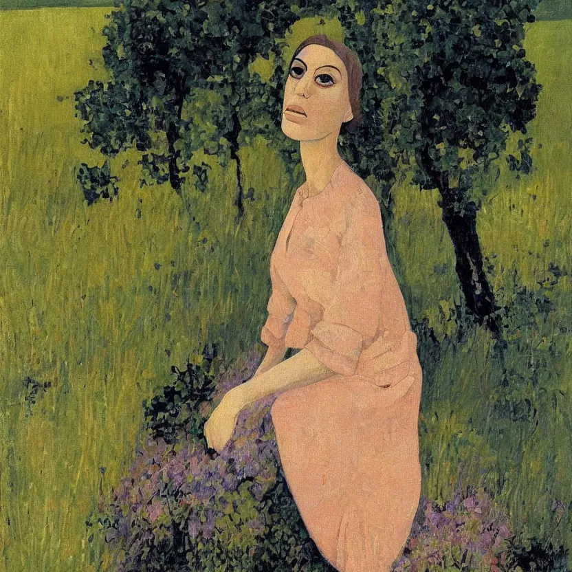 Prompt: a painted portrait of a women outdoorst, art by felice casorati, aesthetically pleasing and harmonious natural colors, expressionism, fine day, portrait