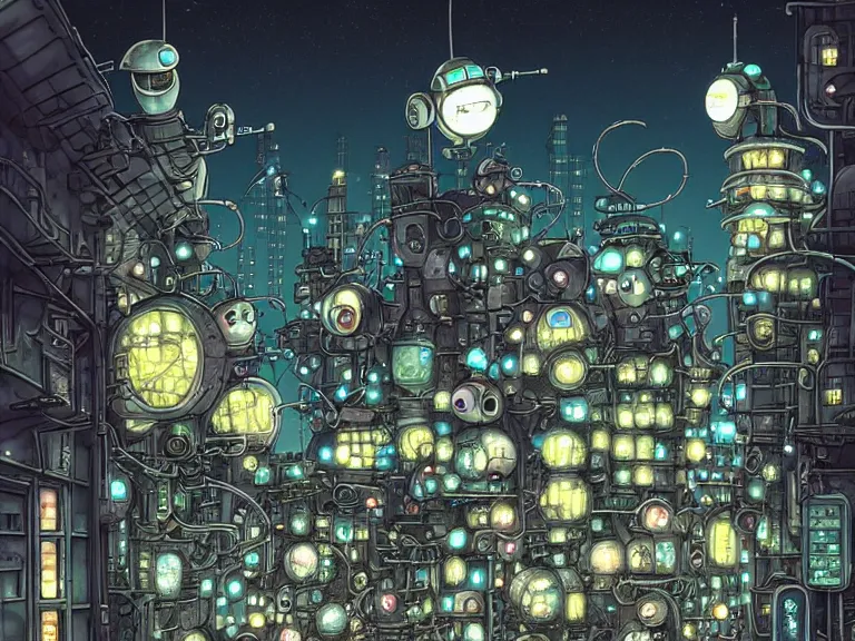 Prompt: street view of futuristic machinarium tokyo at night by michael whelan and dan witz and dan mumford. cute ver.ka mecha machinarium robots.