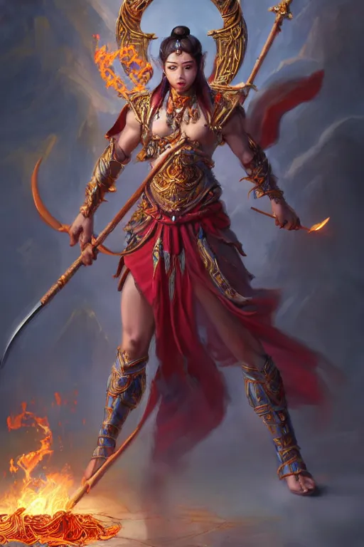 Image similar to a masterpiece portrait of nezha, legendary god holding spear, man, flame everywhere, epic pose, fantasy character portrait, closeup shot, hyper detailed, digital painting, 8 k realistic, trending on artstation, sharp focus, dof, by fenghua zhong, artgerm, ne zha from smite, jeff easley, raymond swanland