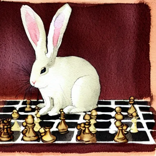 Image similar to a surprised rabbit sitting behind a chessboard, realistic watercolour