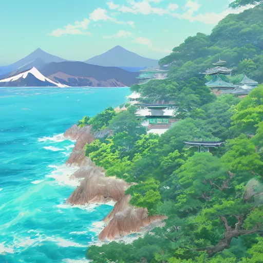 Image similar to A beautiful painting of japan coast with mountains ,Anime ,nature ,illustration, Nature wallpaper, Bright and airy, Aerial, Makoto shinkai ,Trending on artstation