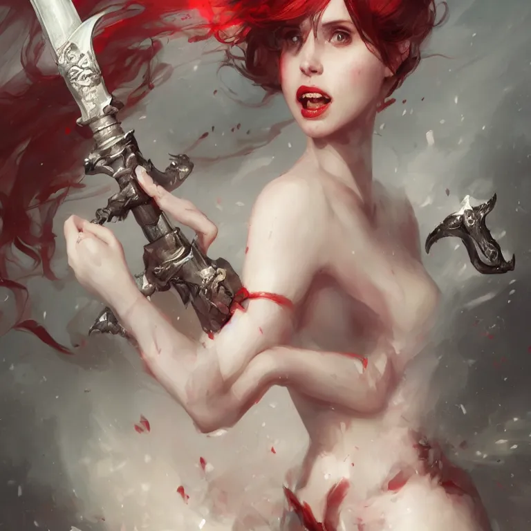 Image similar to portrait of felicity jones as a beautiful pale laughing succubus maiden with sword, nimbus, red lighting, masterpiece 4 k digital illustration by ruan jia and mandy jurgens and artgerm, highly detailed, trending on artstation, award winning