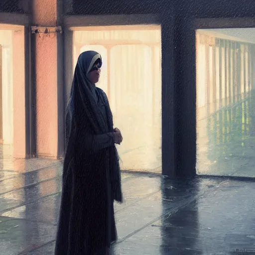 Image similar to detailed face of a woman, moment, courtyard, capital, cyberpunk mosque interior, control panel, watcher, omniscient, tech noir, wet reflections, impressionism, atmospheric, ambient, speed painting, livia prima, edward hopper