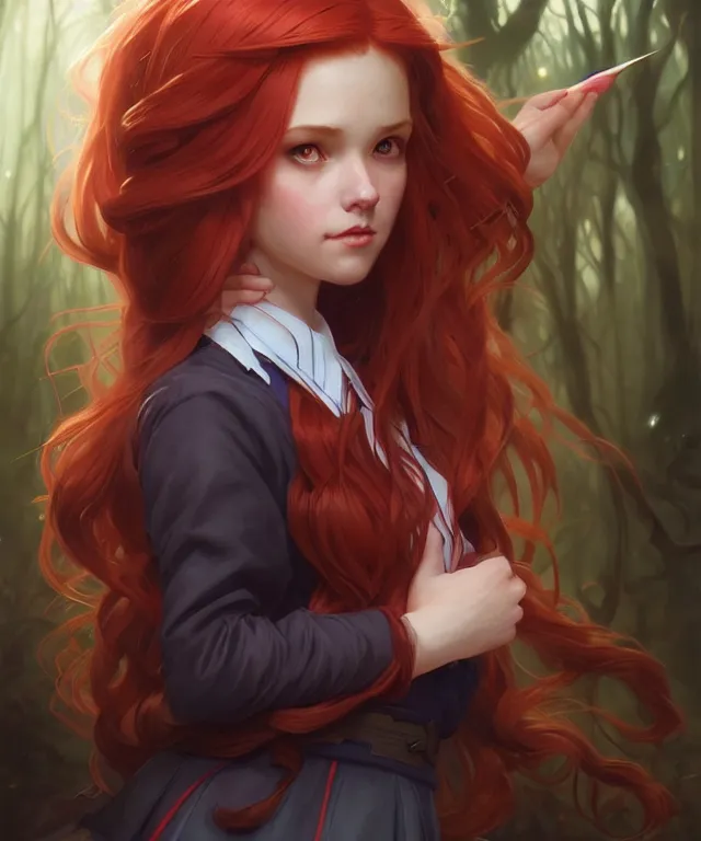 Prompt: portrait cute female, magic school uniform, fantasy forest landscape, dnd fantasy magic, long red hair, cinematic rim light, intricate, elegant, highly detailed, digital painting, artstation, concept art, smooth, sharp focus, illustration, art by artgerm and greg rutkowski and alphonse mucha